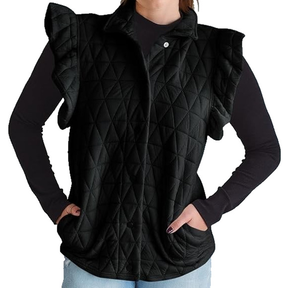 Womens Black Ruffle Cap Sleeve Quilted Stretch Knit Vest Large - Picture 1 of 9